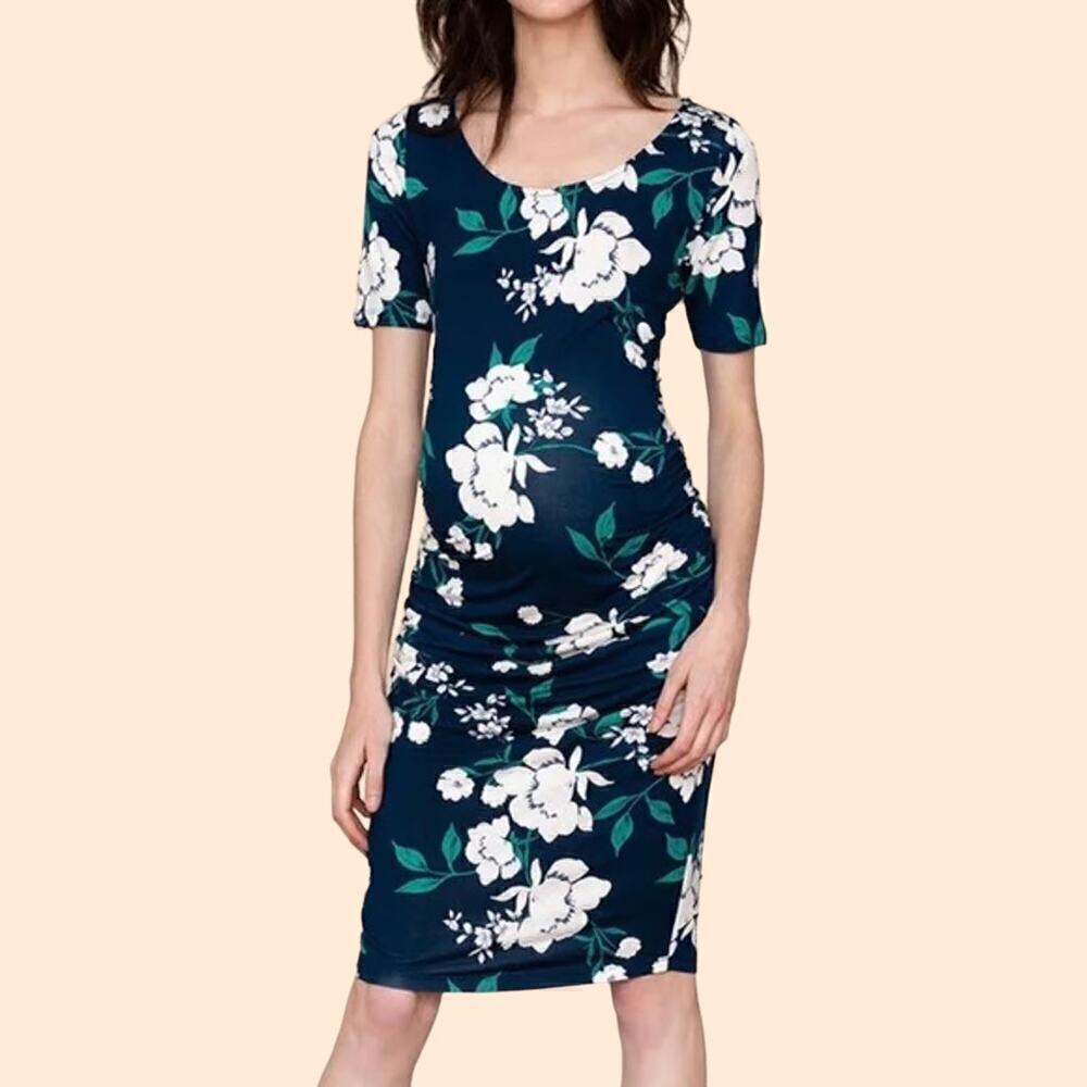 Yumi Kim Blossom Maternity Dress Floral Print Short Sleeve Lucky Charm Navy XS